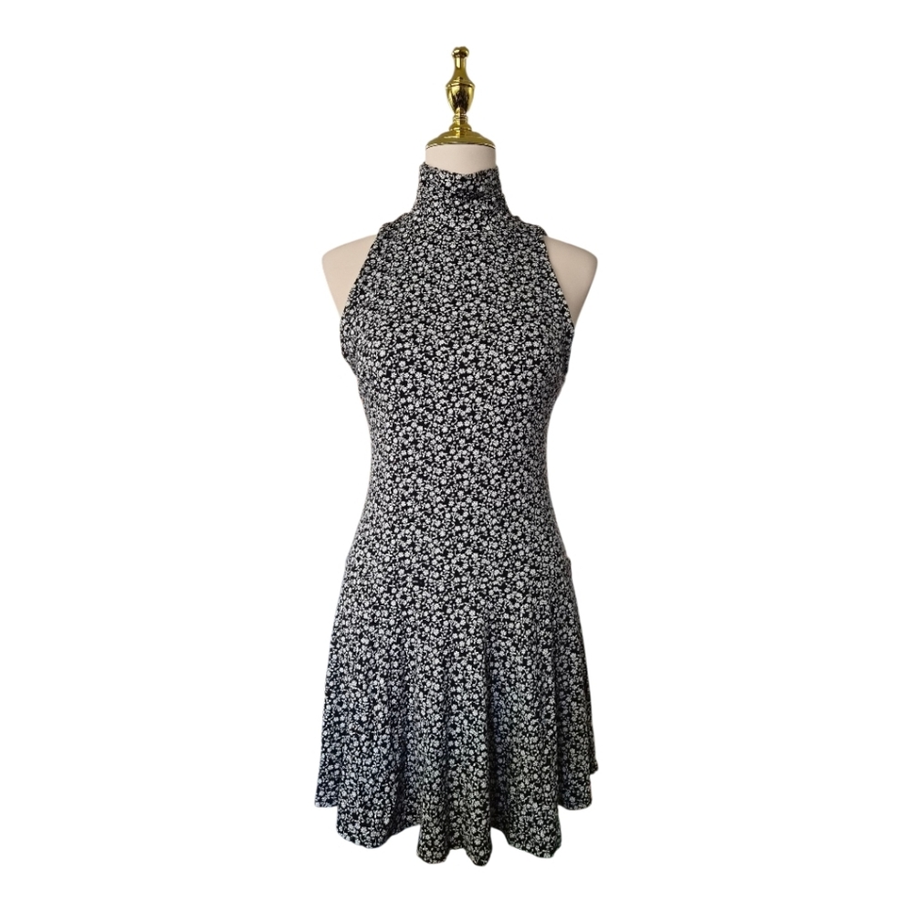 Free People Check It Mini Dress Black White Floral Mock Neck Fit & Flare Size‎ S
